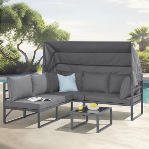 Graues Svita Maui Gartenmöbel Lounge Set mit Dach, bestehend aus Sofa, Sesseln und Tisch.