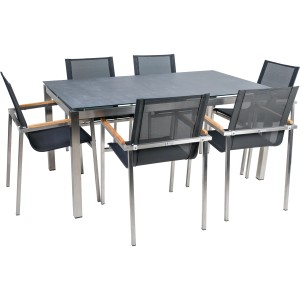 7-teiliges Greemotion Gartenmöbel-Set Sydney 2 mit Edelstahlgestell, Glasplatte in Steinoptik und Teakholz-Armlehnen.