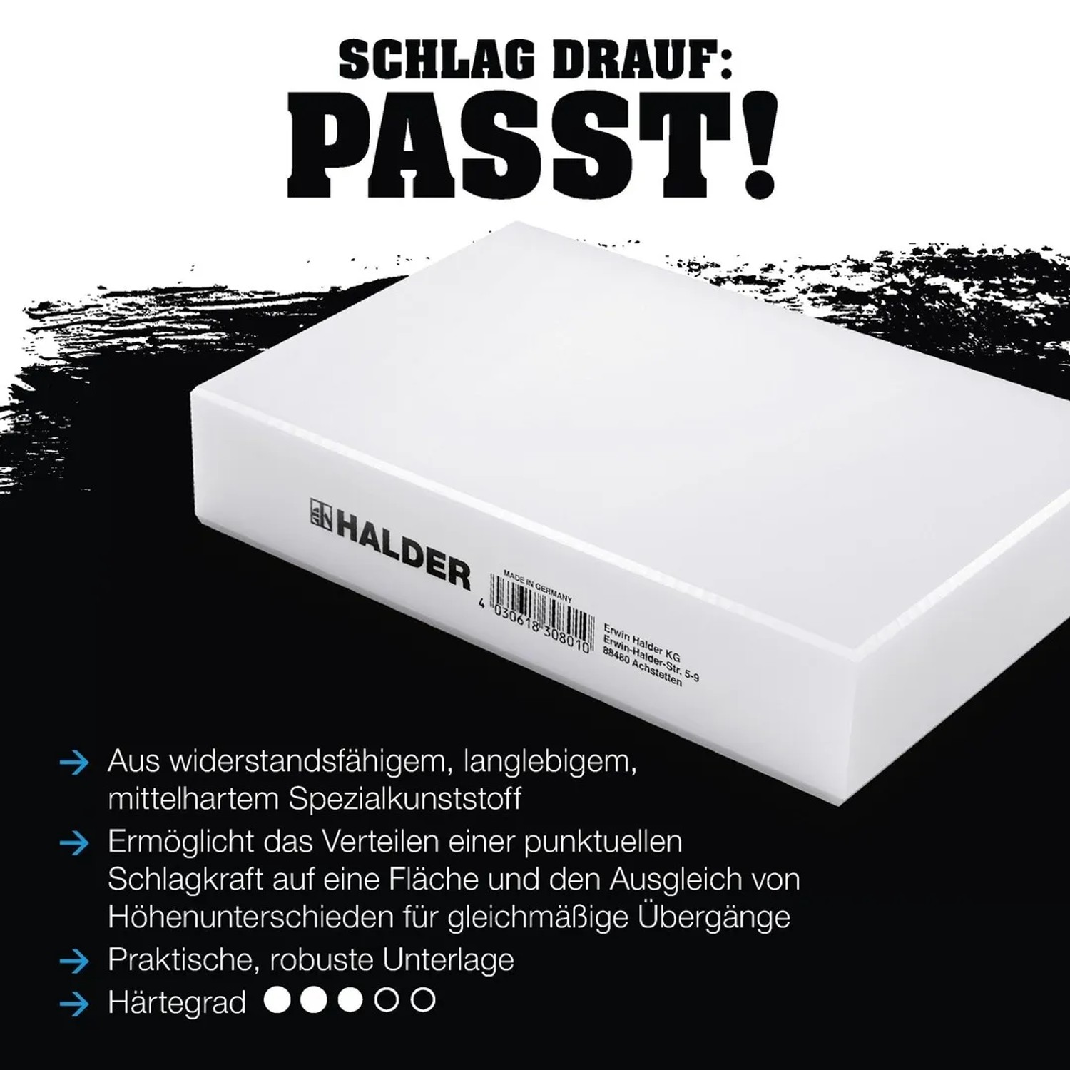 Halder Klopfholz aus Kunststoff, 200x140x40 mm, für Hämmer. Zum Ausgleichen von Höhenunterschieden.