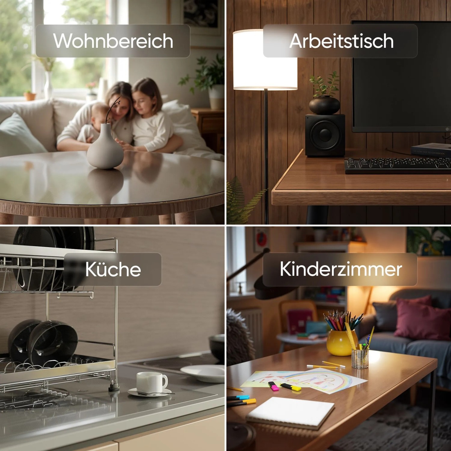 Anwendungsbeispiele der transparenten Björn&Schiller Tischschutzfolie in Wohnbereichen, Küche, Arbeits- und Kinderzimmer.