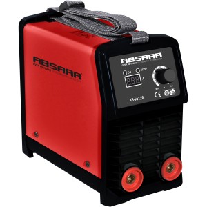 Rotes Absaar Inverter Schweißgerät 120 A mit LCD-Display und Tragegurt, inklusive 100 Elektroden.