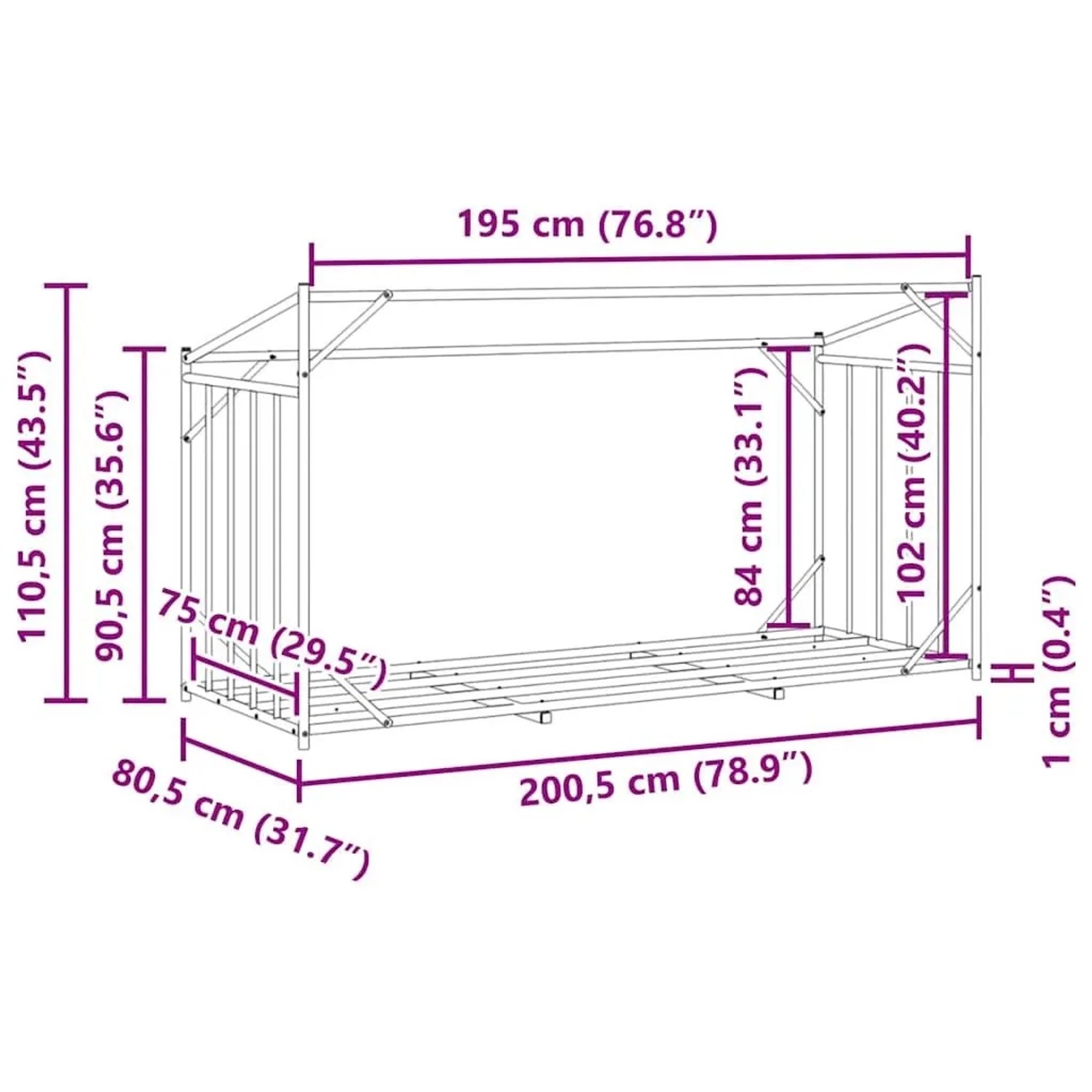 vidaXL Brennholzregal mit Regenschutz, Maße: 200,5x80,5x110,5 cm, aus verzinktem Stahl.