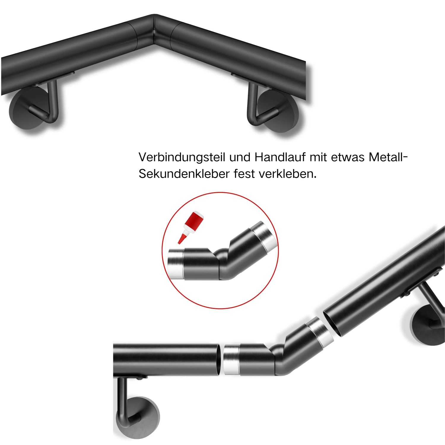 Schwarzer Edelstahl Handlaufverbinder, verstellbar, verbindet Handläufe im Winkel. Einfache Montage mit Kleber.