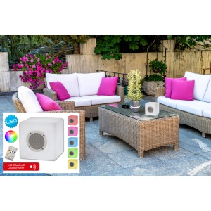 Näve LED-Dekoleuchte Würfel, weiße Außenleuchte mit Bluetooth Lautsprecher, eckig.