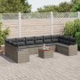 Graues 11-teiliges vidaXL Garten-Sofa-Set aus Poly Rattan mit Tisch und grauen Polstern.