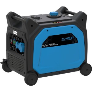 Güde Inverter Stromerzeuger ISG 6600-3 E Benzin, blau-schwarzes Gehäuse mit Rädern.