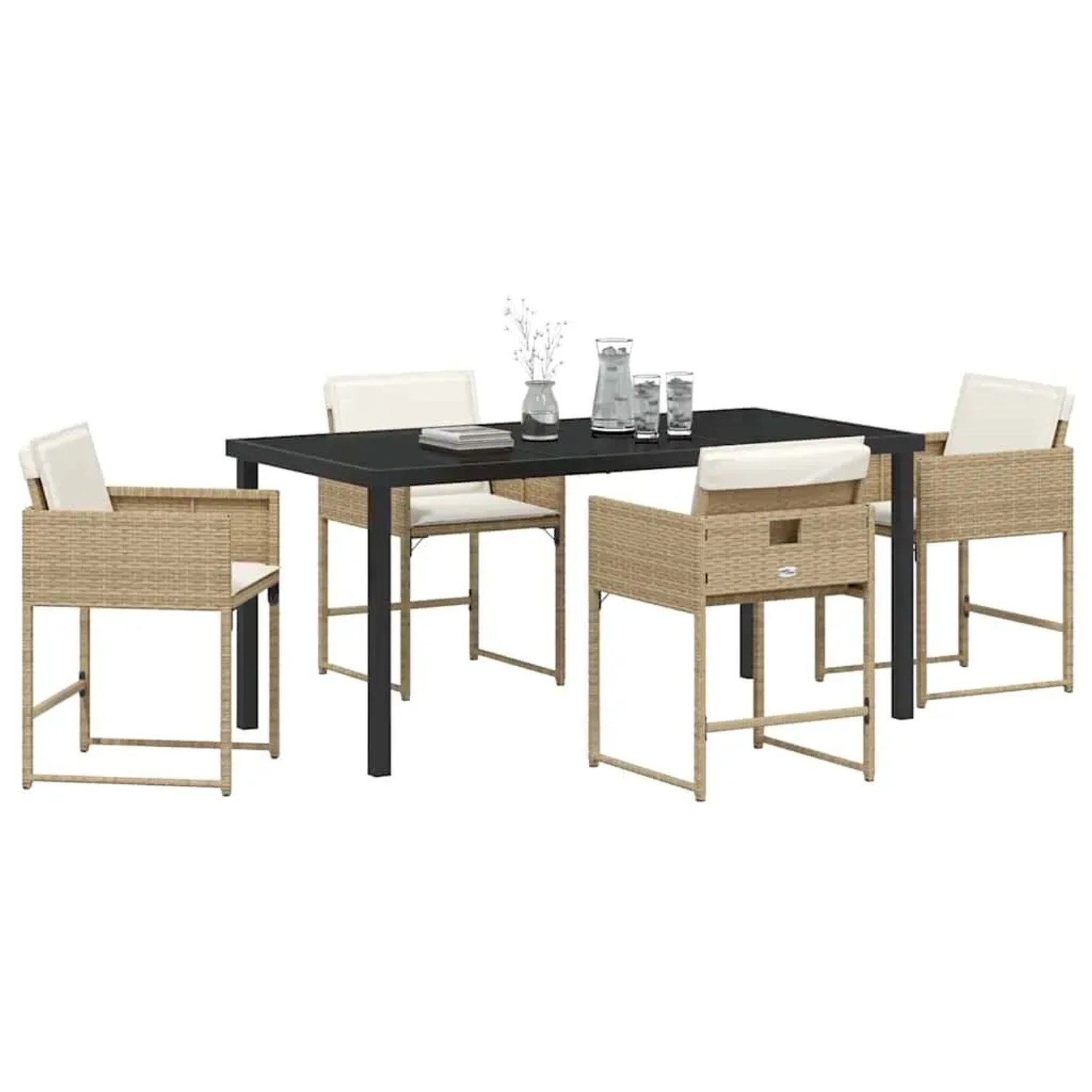 Beige 5-tlg. vidaXL Garten Essgruppe aus Poly Rattan mit Tisch und Stühlen mit Kissen.