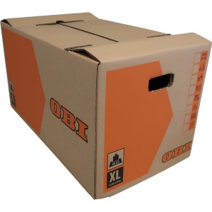 OBI Umzugskarton XL, 126 l, bis 45 kg, mit Tragegriffen und Beschriftungsfeldern.