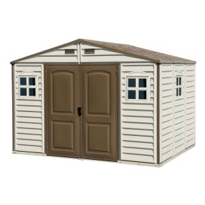 Duramax Kunststoff-Gartenhaus WoodSide Beige 7,6 m² mit Doppeltür und Fenstern.