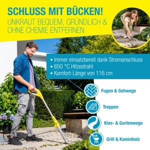 Gloria Thermoflamm Bio Electro Unkrautbrenner im Einsatz gegen Unkraut auf Pflastersteinen.