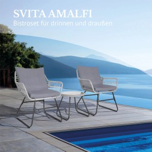 Svita Amalfi Rattan Balkonset hellgrau für 2 Personen am Pool. Gartenlounge mit zwei Stühlen und Bistrotisch.