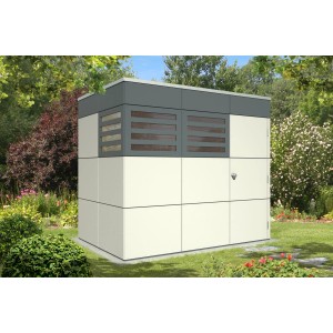 Modernes, telegraues Holz-Gartenhaus Sydney von Skan Holz mit Flachdach.