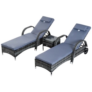 Outsunny Sonnenliegen-Set: 2 graue Gartenliegen mit Tisch, Rattan-Optik, ideal für Terrasse & Garten.
