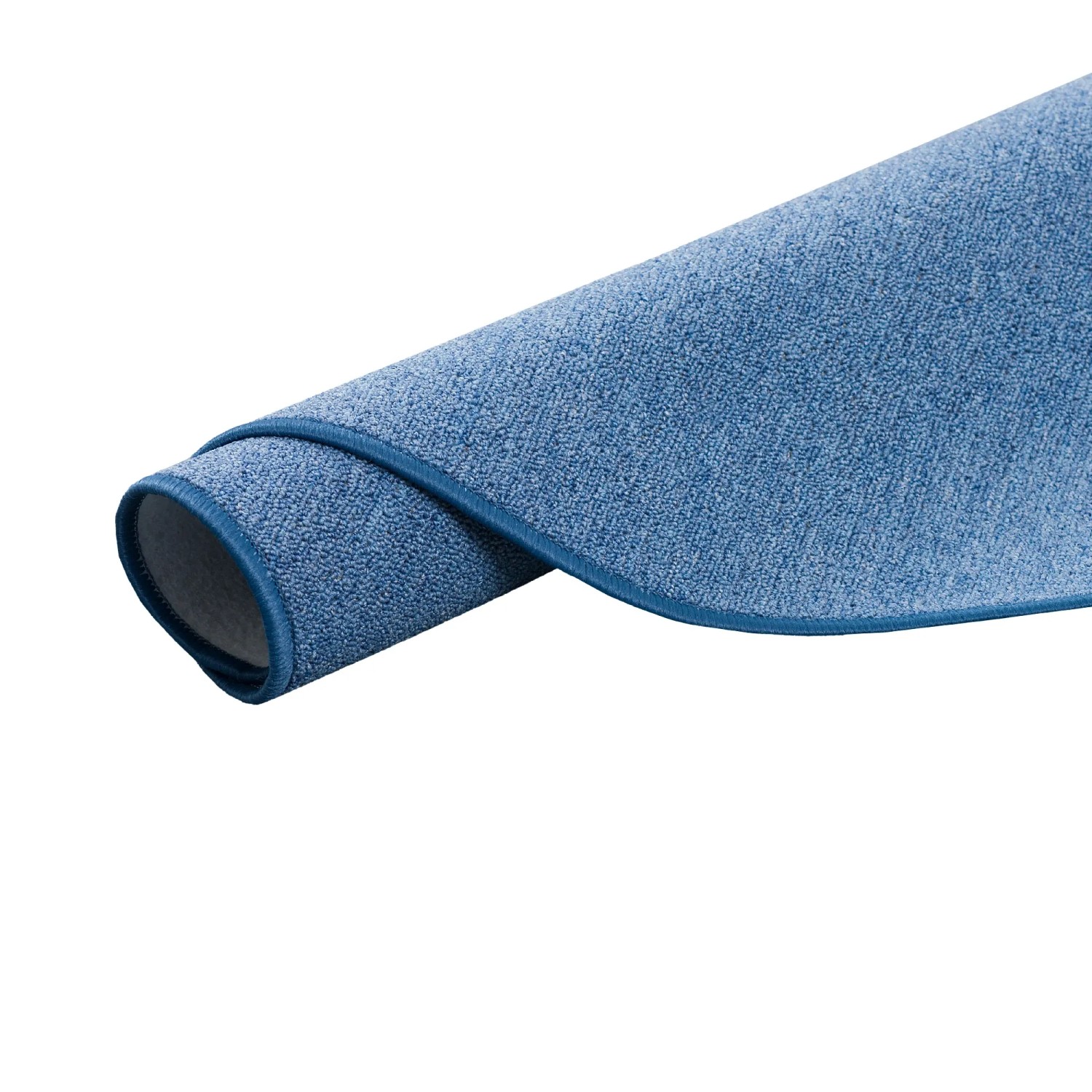 Blauer, runder Snapstyle Feinschlingen Velour Teppich Strong, gerollt.