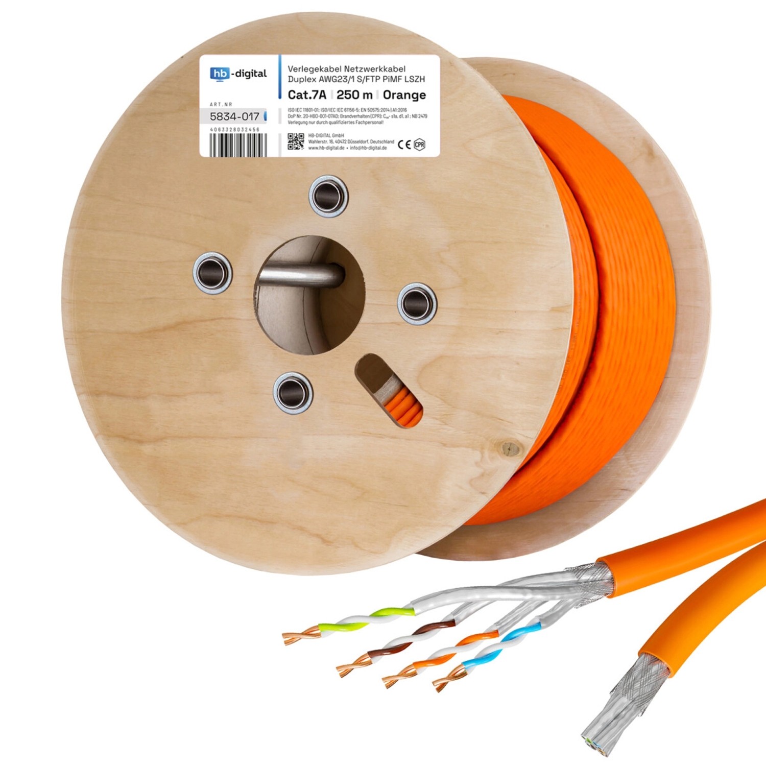 hb-digital CAT 7a Verlegekabel Duplex Installationskabel max. 1200 MHz S/FTP AWG23 LSZH 250m orange