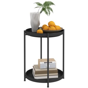 Schwarzer HOMCOM Beistelltisch/Couchtisch aus Stahl mit zwei Ablagen, dekoriert mit Obst, Pflanze, Radio und Büchern.