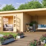 Unbehandeltes Karibu Holz-Gartenhaus Karlskoga 4 mit Pultdach und Anbau.