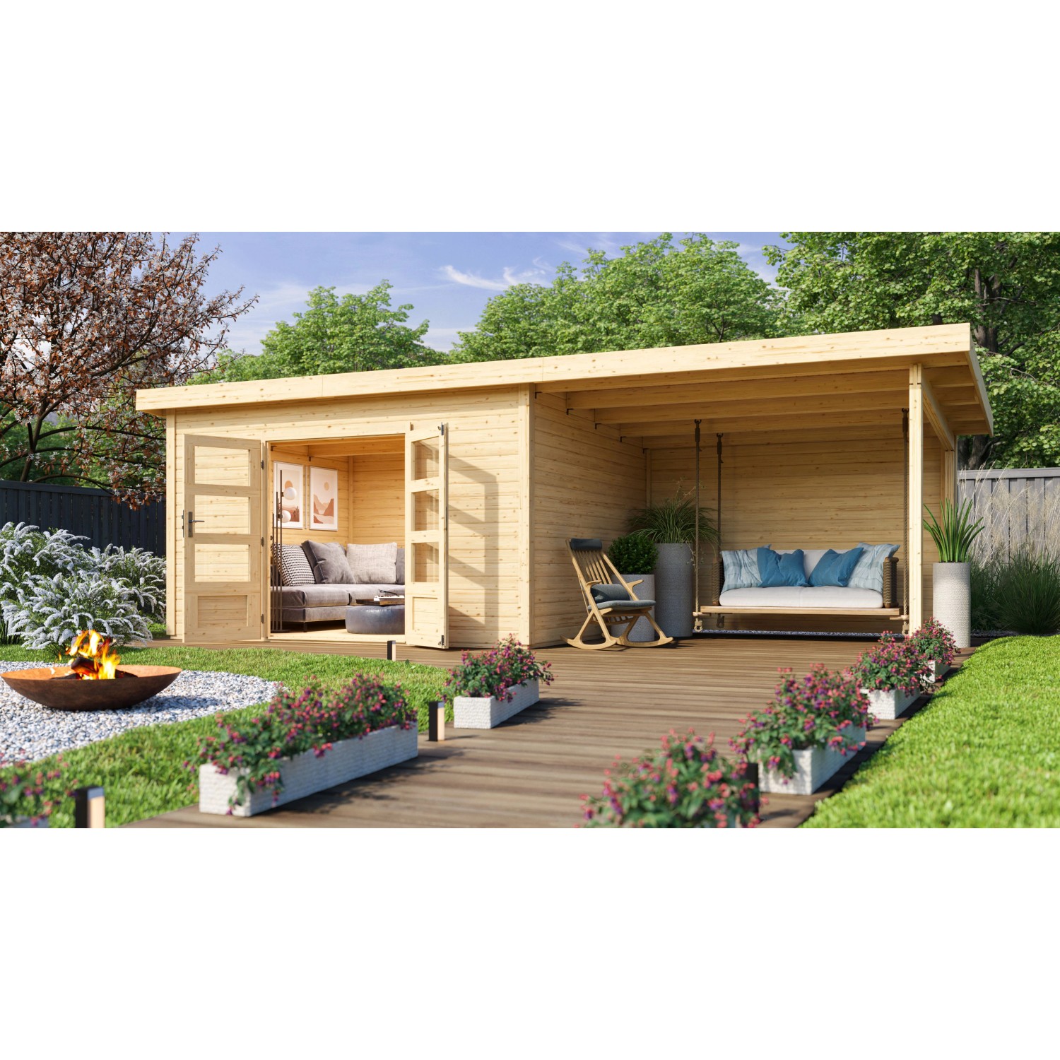 Karibu Holz-Gartenhaus Karlskoga 4 Natur Pultdach Unbehandelt 365 cm x 305 günstig online kaufen