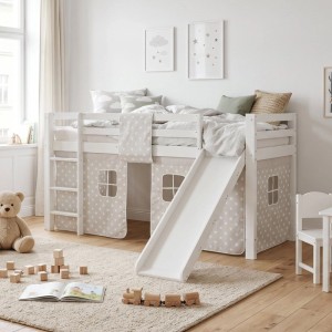 Weißes Homestyle4u Hochbett 90x200 mit Leiter, Rutsche und grauem Sternen-Vorhang. Ideal als Abenteuerbett für Kinder.