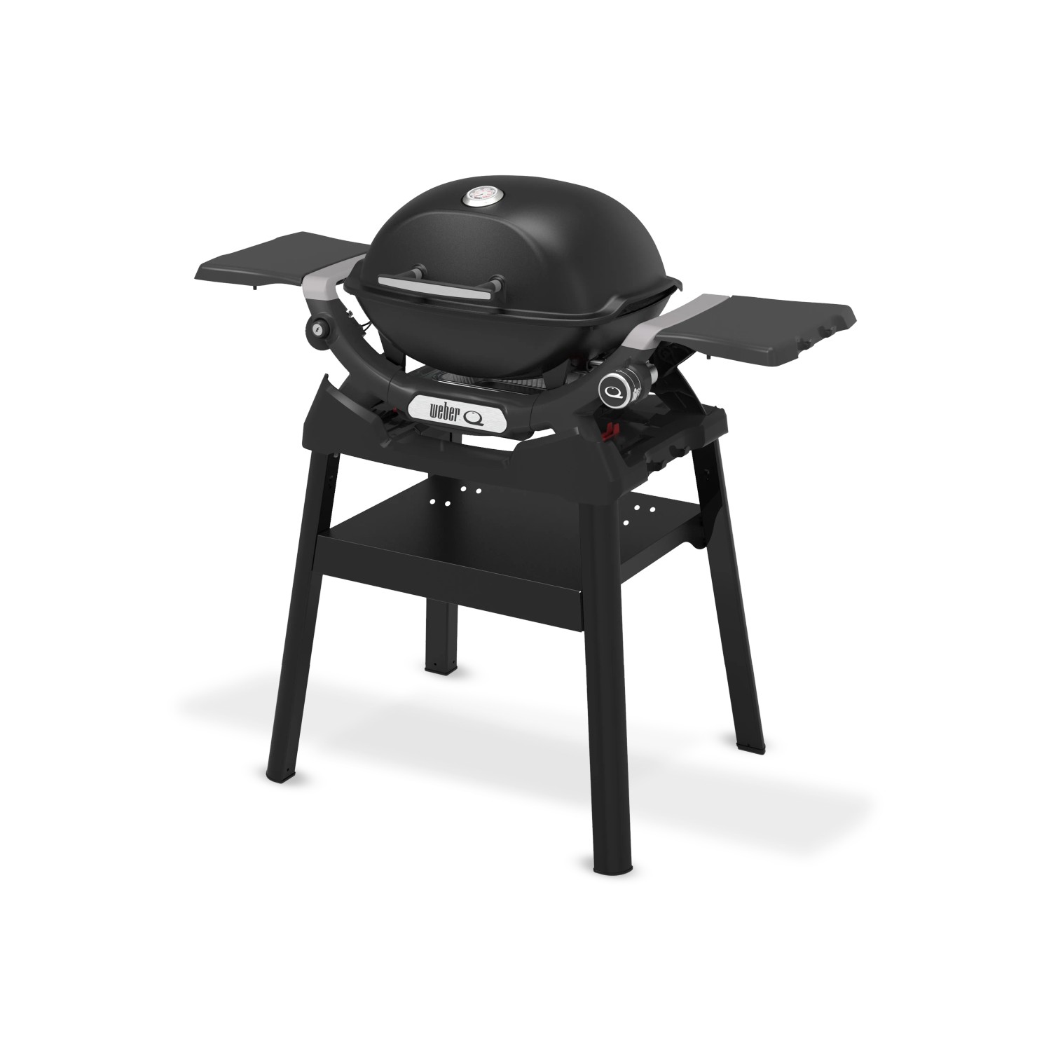 Schwarzer Weber Gasgrill Q1200N mit Stand und Seitentischen. Kompakter Grill für Balkon und Garten.