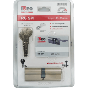 Iseo Profilzylinder R6 SPI 45/45 im Set mit 5 Schlüsseln und Sicherungskarte.
