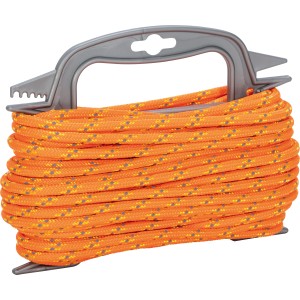 Neonorange Polypropylen Seil, 6 mm Durchmesser, aufgewickelt auf einer grauen Halterung.