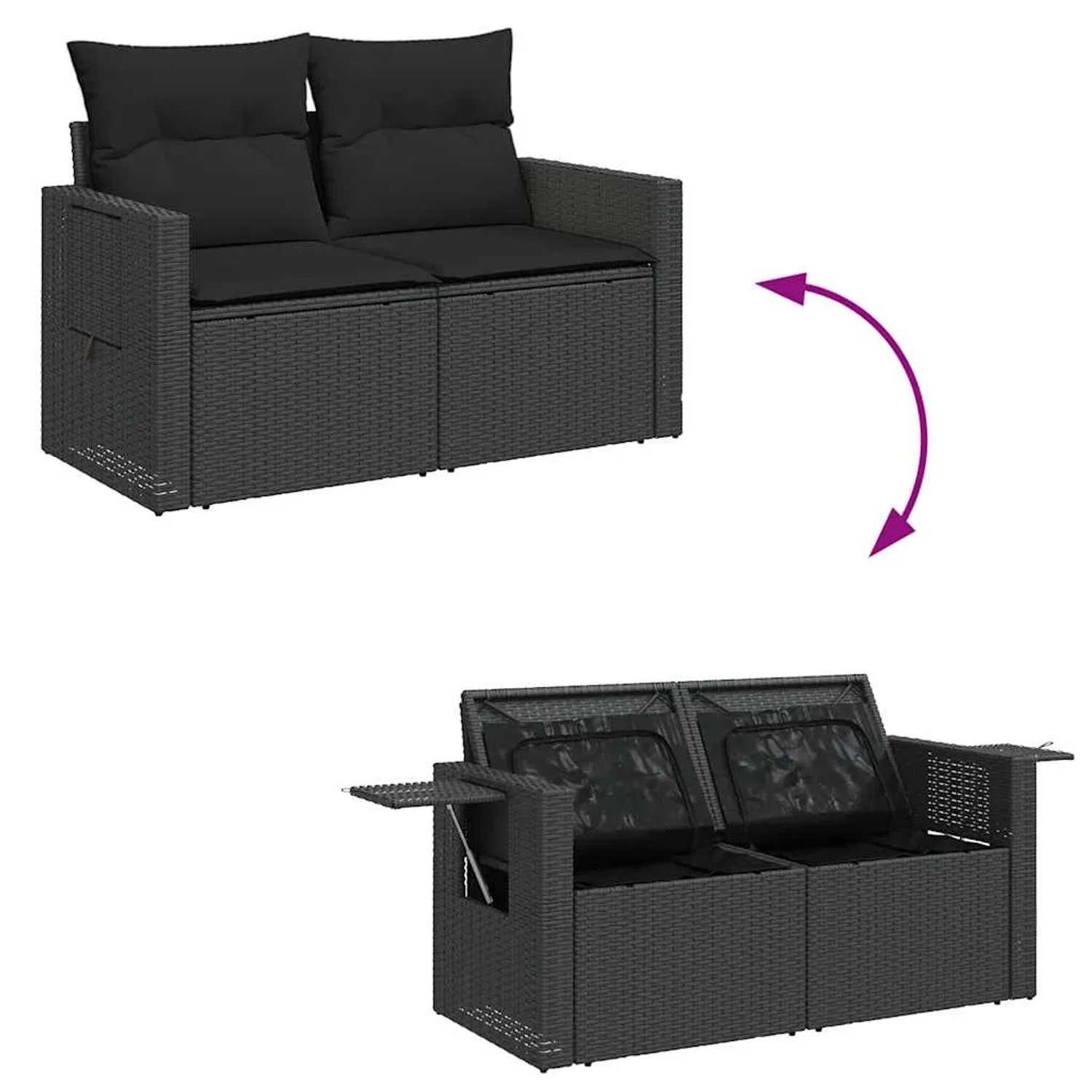 vidaXL Garten-Sofagarnitur, 5-teilig, schwarz, Poly Rattan, mit Kissen und Stauraum.
