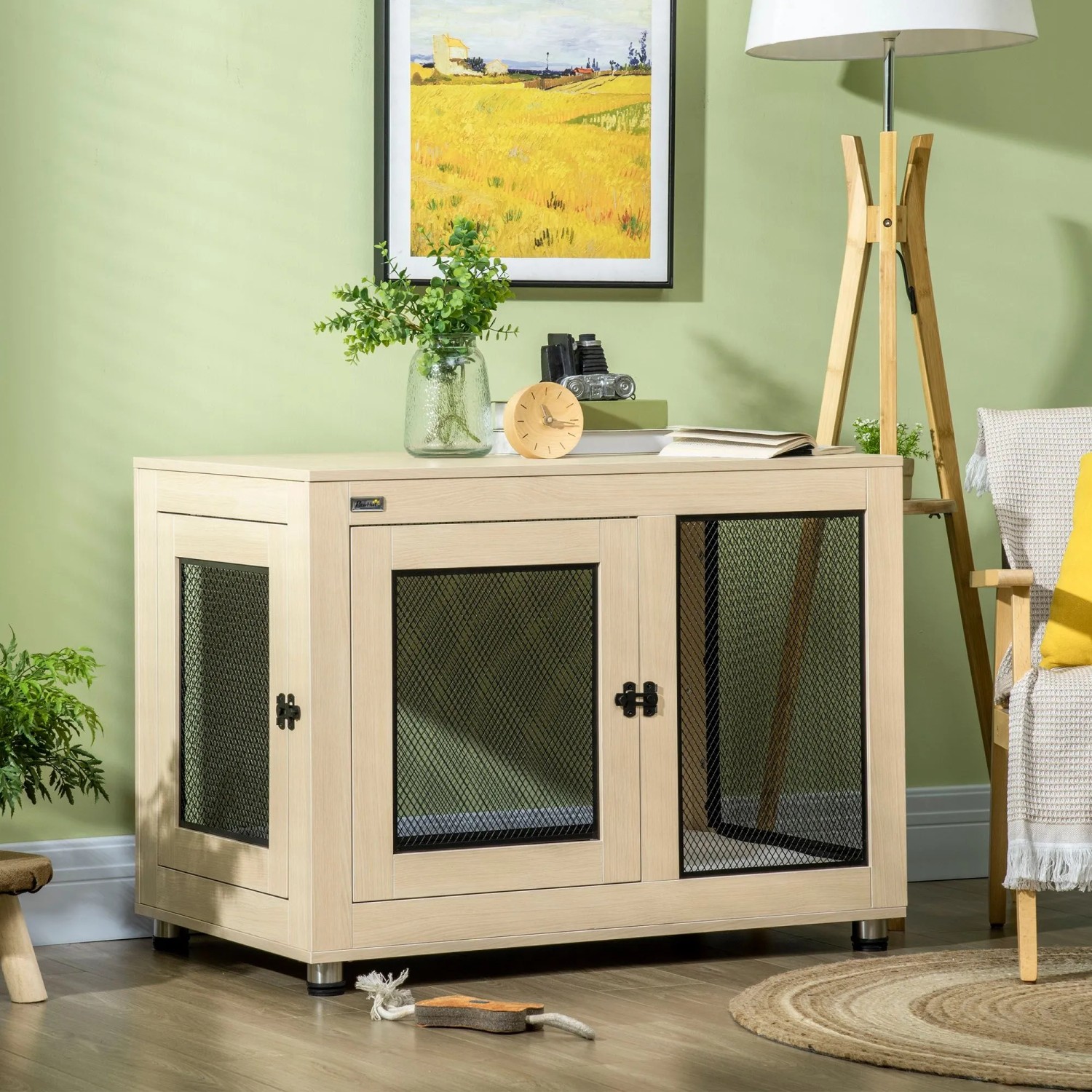 Eleganter PawHut Hundekäfig in Eiche mit 2 Gittertüren, als stilvolles Möbelstück im Wohnzimmer. Sicherer Hundezwinger.
