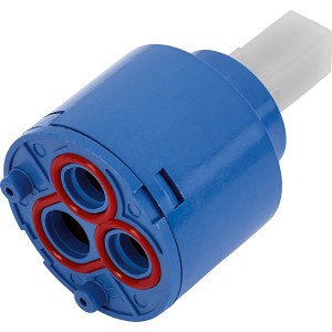 Keramikkartusche Ø 40 mm für Küchenarmatur, blau, mit drei Öffnungen und weißem Stift.