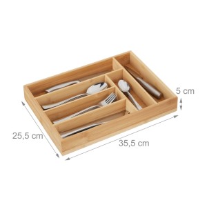 Besteckkasten aus Bambus mit 6 Fächern, gefüllt mit Besteck. Maße: 5x25,5x35,5 cm. Ideal für Küchenschubladen.