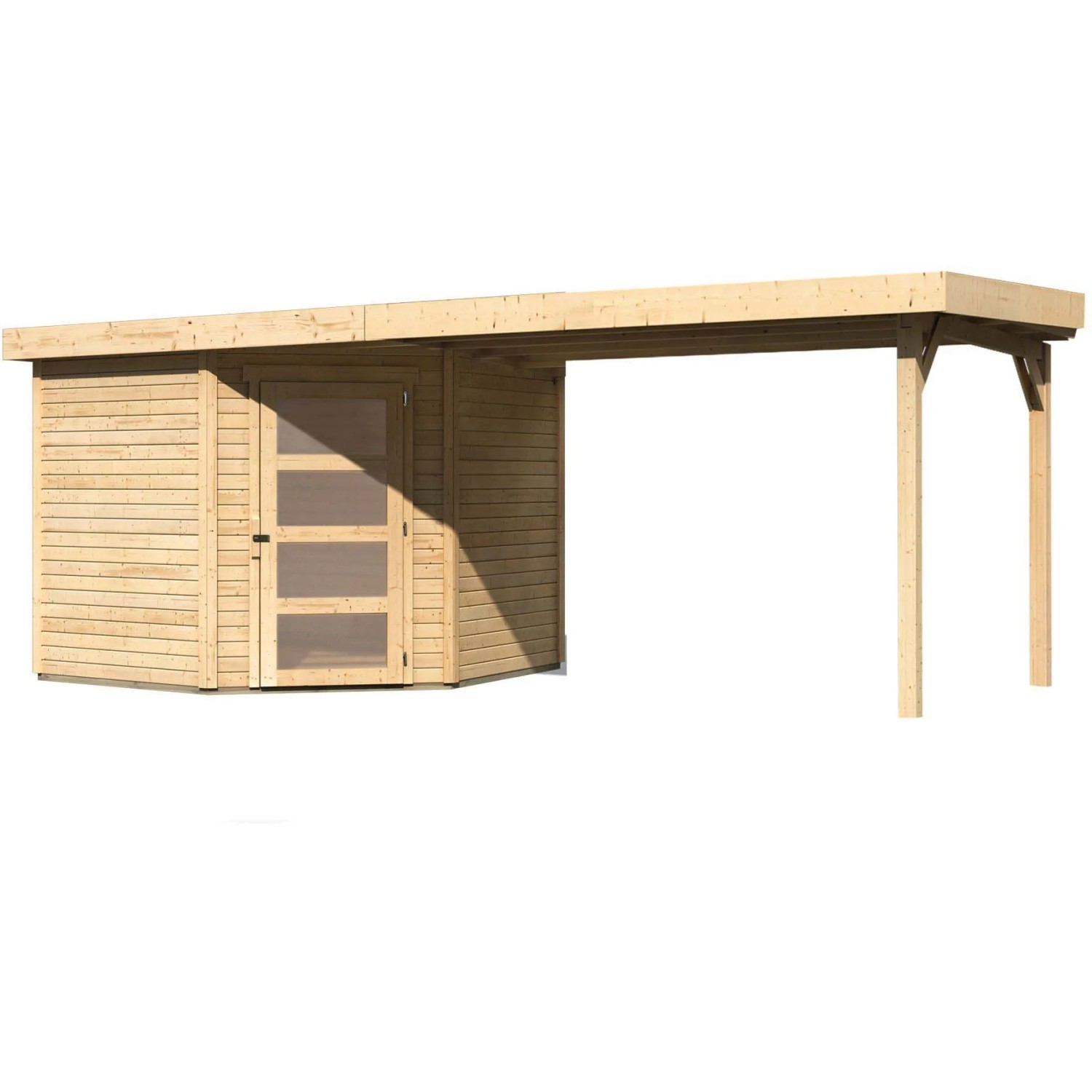 Unbehandeltes Karibu Holz-Gartenhaus Linköbing mit Pultdach und Anbau.