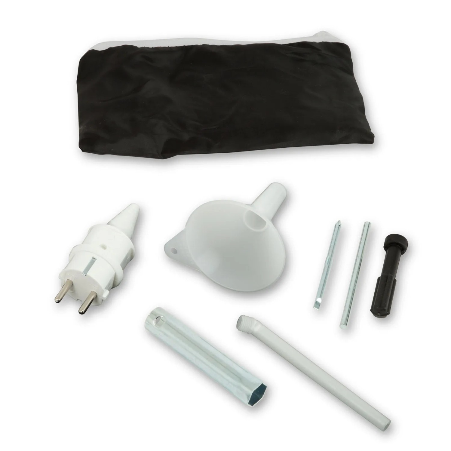 Zubehör für EBERTH Inverter Stromerzeuger: Tasche, Trichter, Stecker, Schraubenschlüssel, Stifte.