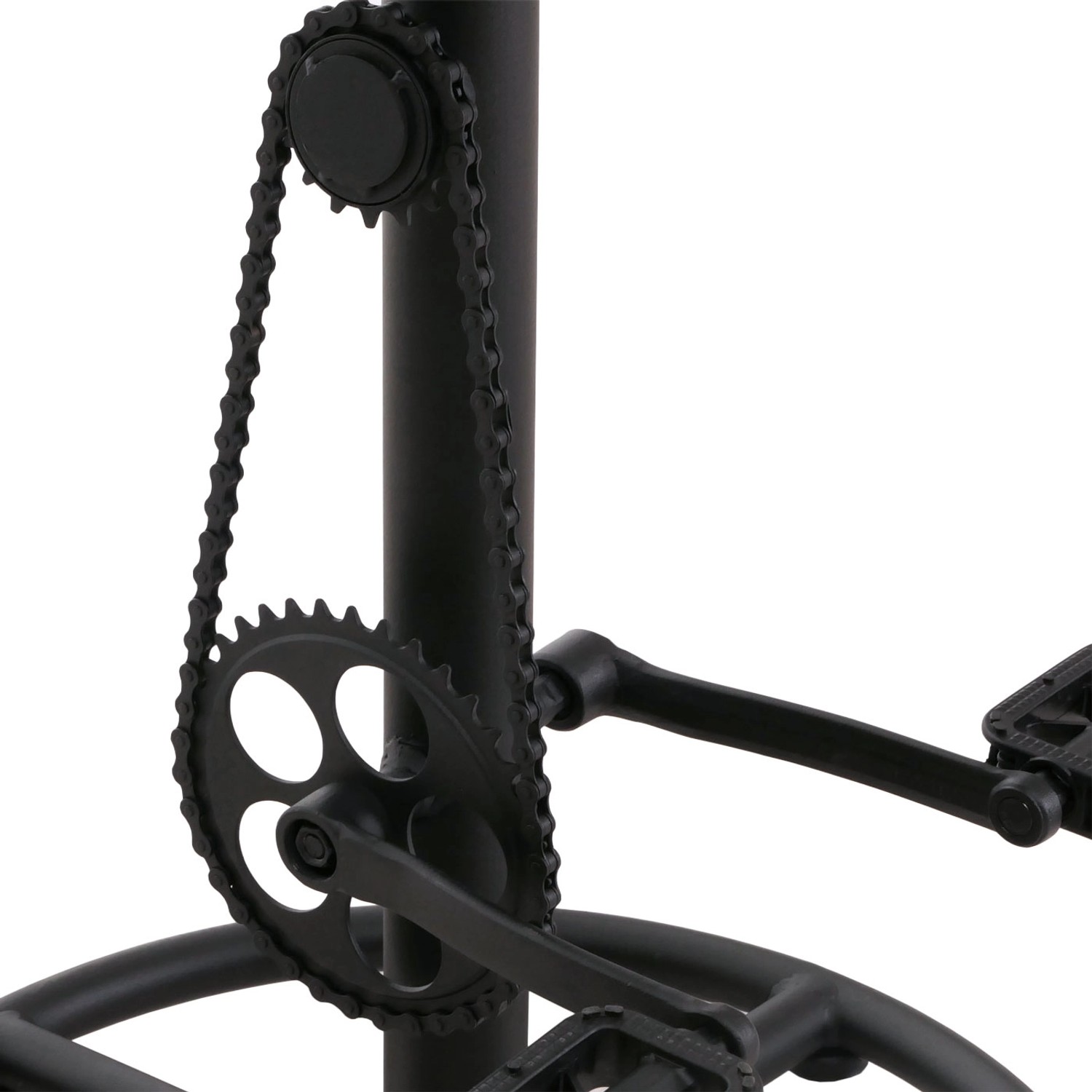 Detailaufnahme Bartisch-Set N20: Metallgestell mit Ketten- und Pedal-Design.