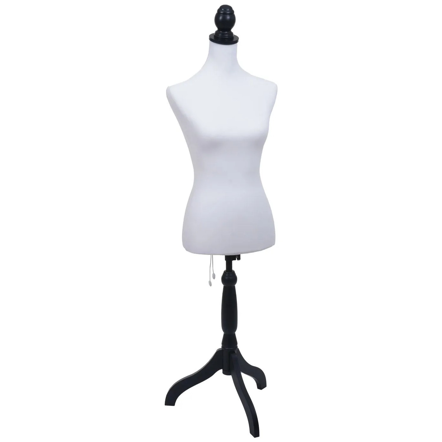 Weiße weibliche Schneiderpuppe mit schwarzem Holzstand und Holzknauf. Höhenverstellbar, Schaumstoffkörper, abnehmbarer Bezug.