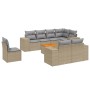 Beige 9-teilige Garten-Sofagarnitur aus Polyrattan mit Tisch und grauen Kissen.