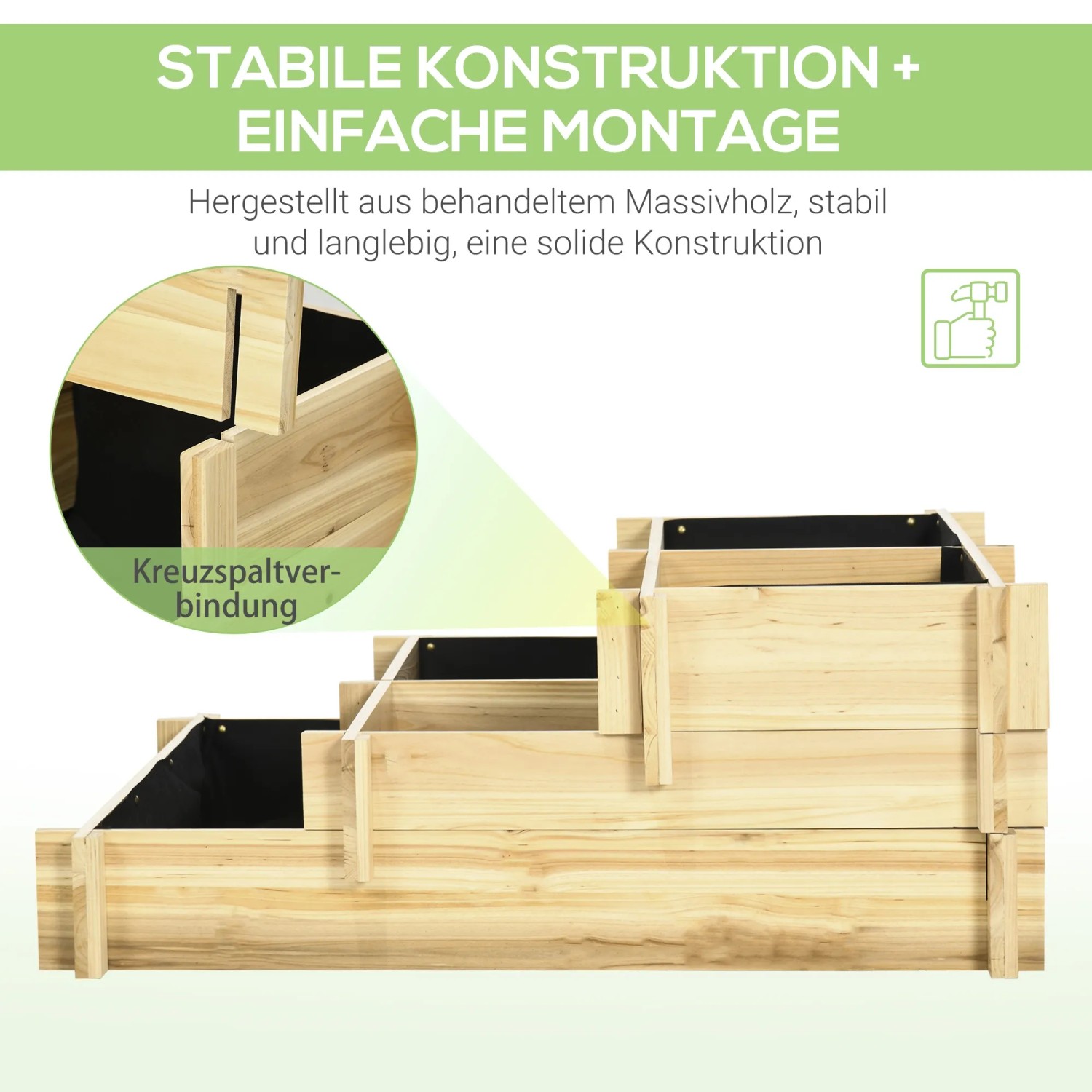 Outsunny Hochbeet aus Tannenholz, naturbelassen, mit drei Pflanzebenen und fünf Fächern.