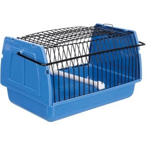Blaue Trixie Transportbox für Kleintiere/Vögel mit Gitter und Sitzstange.