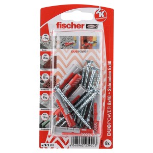Fischer Dübel DuoPower 8x40 mm, 8 Stück mit Schrauben, für sichere Befestigungen in verschiedenen Baustoffen.