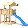 Jungle Gym Spielturm Marvel mit blauer Rutsche, roter Rutschstange und Sandkasten.