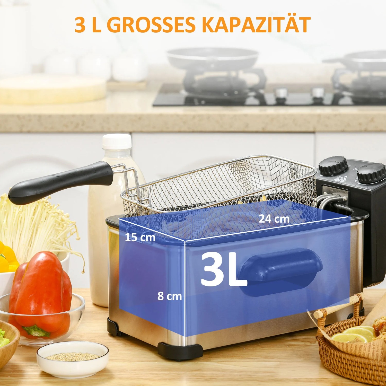 HOMCOM Fritteuse aus Edelstahl, 3L Kapazität, mit Frittierkorb und Temperaturregler.