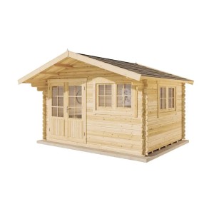Gartenhaus Gabriel-34 aus Holz, 428x367 cm, naturbelassen mit Doppeltür und Fenstern.
