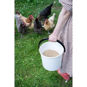Weißer Orthex Eimer 10 l mit Füllung, gehalten von einer Person im Garten mit Hühnern.