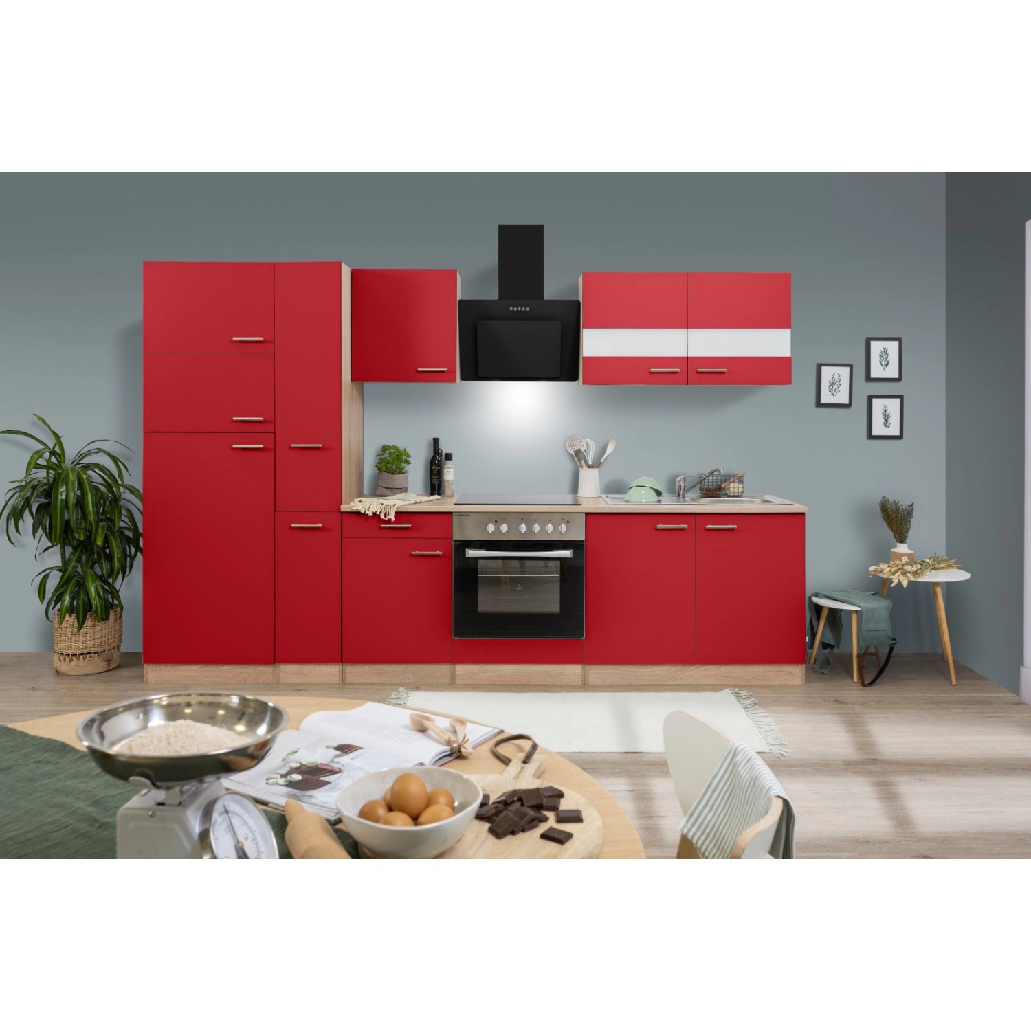 Respekta Küchenzeile/Küchenblock KB300ESRCGKE 300 cm Rot-Eiche Sägerau Nachbildung