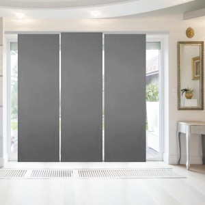 Bestgoodies Flächenvorhang Ellen 3er Pack Anthrazit vor Fensterfront, dezenter Lichteinfall.