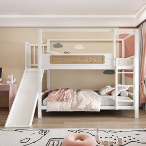 Weißes Etagenbett 90x200cm im Hausdesign mit Rutsche und Holzdetails für Kinderzimmer.