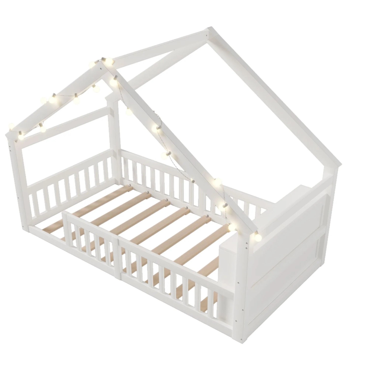 okwish Kinder Flachbett 90x190cm mit Hausleiste und LED Gitter Weiß ohne Matratze