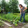 Frau arbeitet mit Gardena combisystem-Teleskopstiel im Garten. Das Kombisystem ist optimal für bequemes Arbeiten.