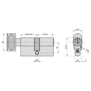 Technische Zeichnung Basi V50 Profil-Knaufzylinder K30/35, Maße und Details.
