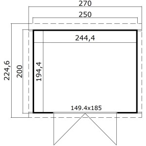 Grundriss des Lasita Holz-Gartenhauses Zambezi 3, Schwedenrot, mit Maßangaben.