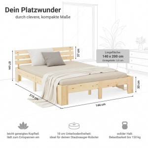 Homestyle4u Holzbett 140x200 cm aus hellem Kiefernholz mit Lattenrost und Kopfteil. Schlichtes Massivholzbett.